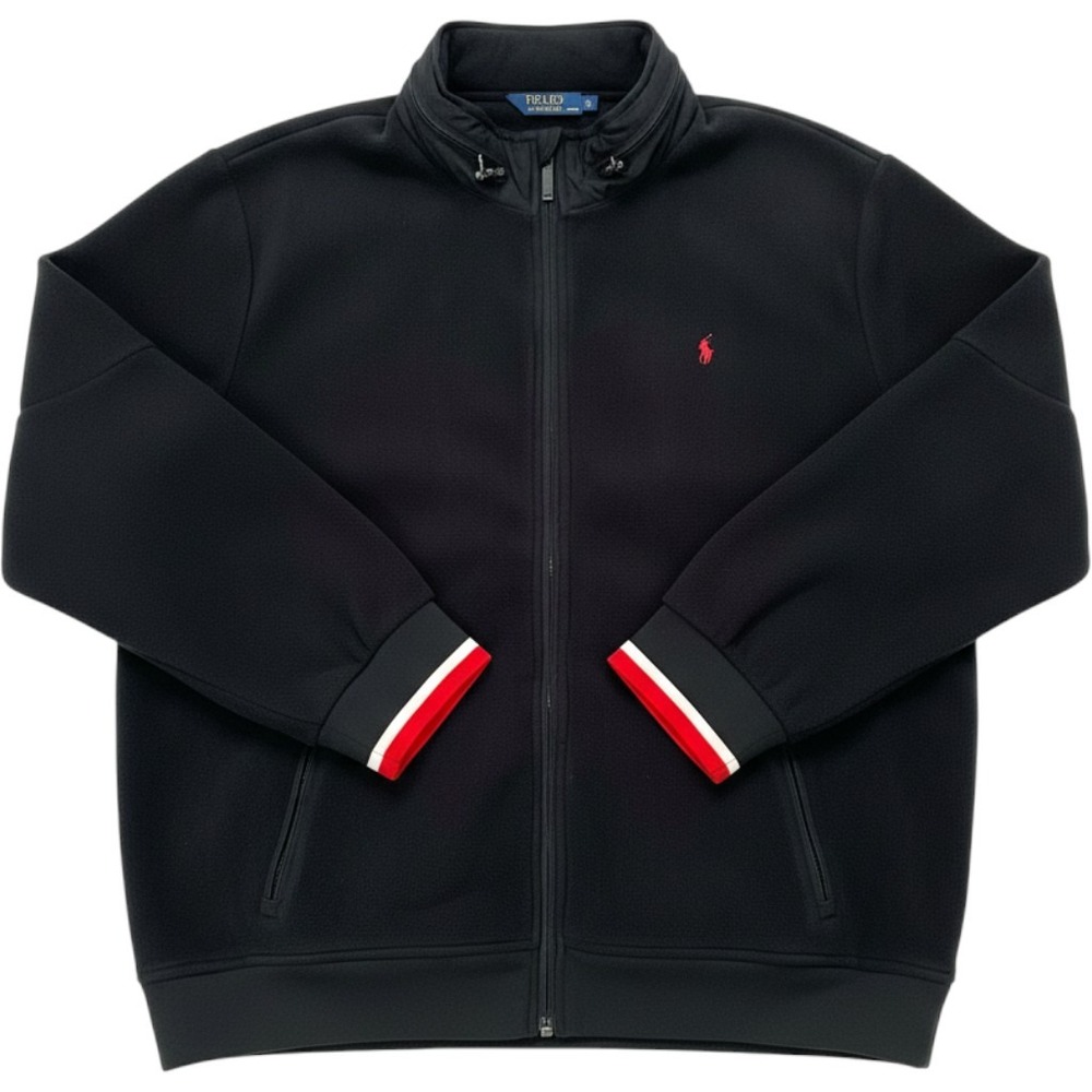 Polo Ralph Lauren Fleece Jacket Men 4XLT Black Vintage Hood Zip Up Striped Cuff